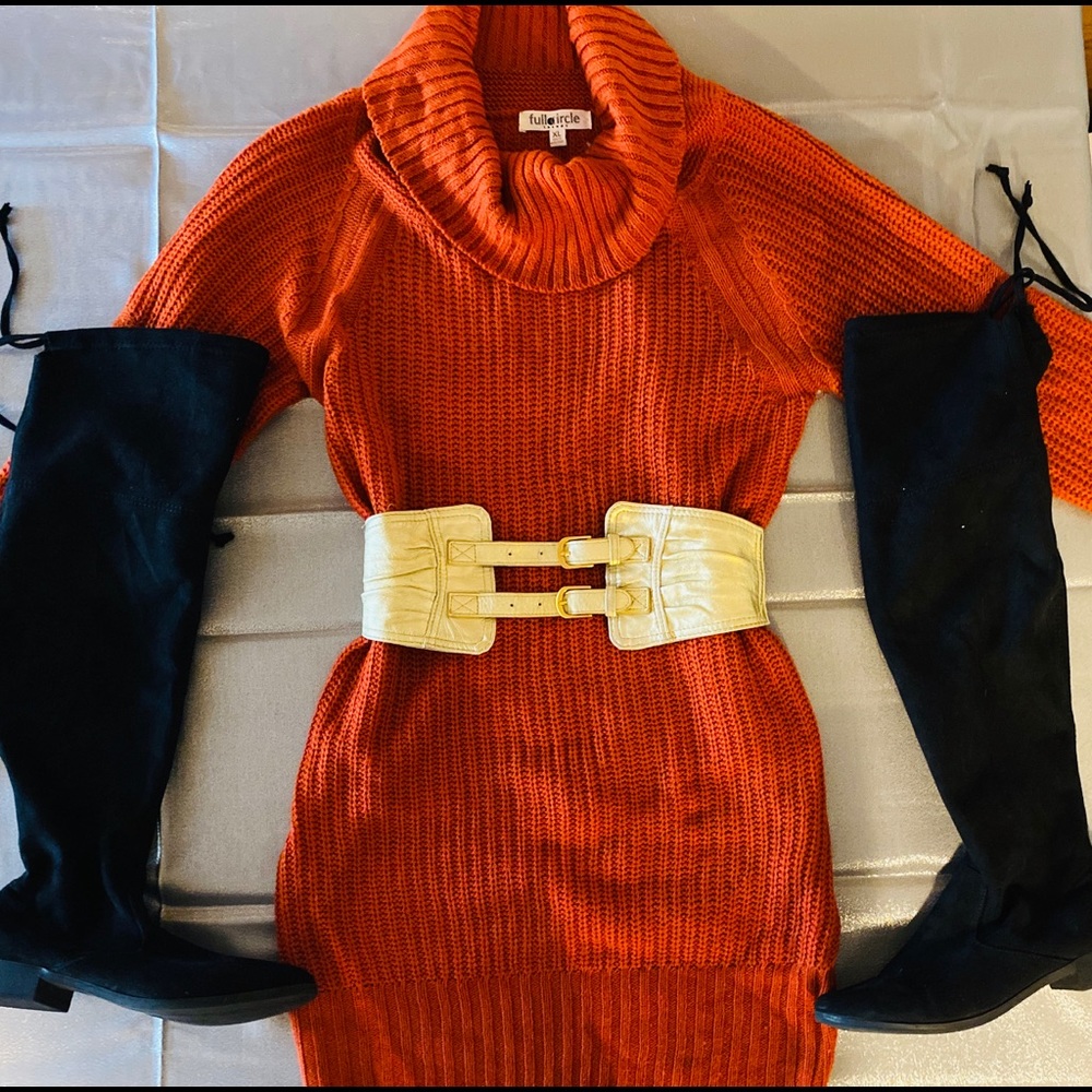 Sweater Dress, Belt, Boots